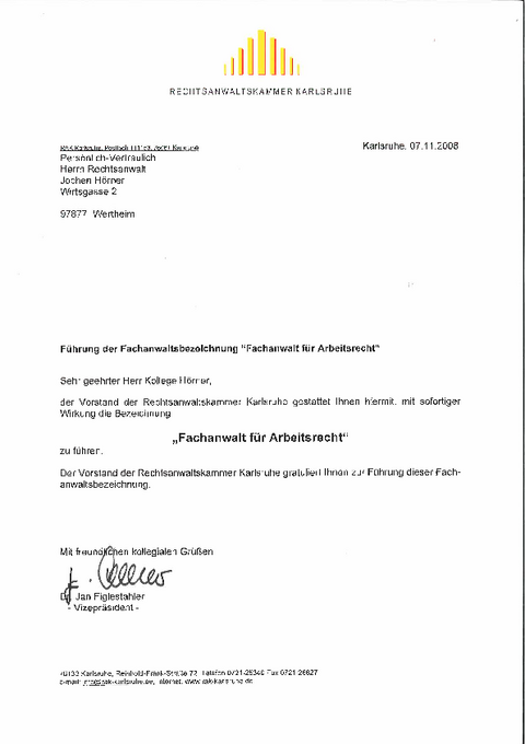 Urkunde Fachanwalt für Arbeitsrecht