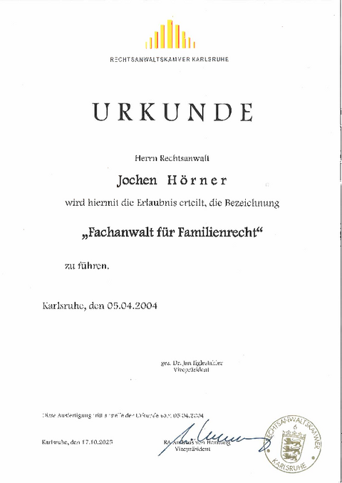 Urkunde Fachanwalt für Familienrecht
