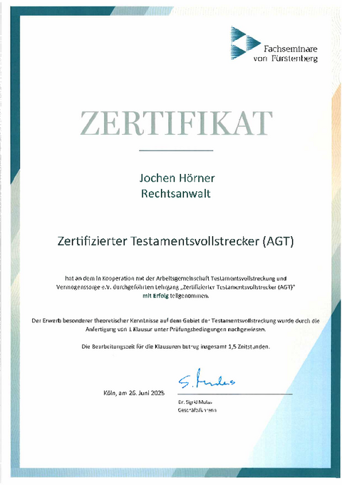 Zertifikat Lehrgang<br />Zertifizierter<br />Testamentvollstrecker