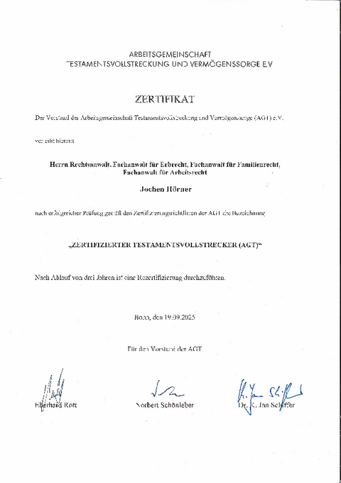 Zertifikat<br />AGT-zertifizierter<br />Testamentvollstrecker